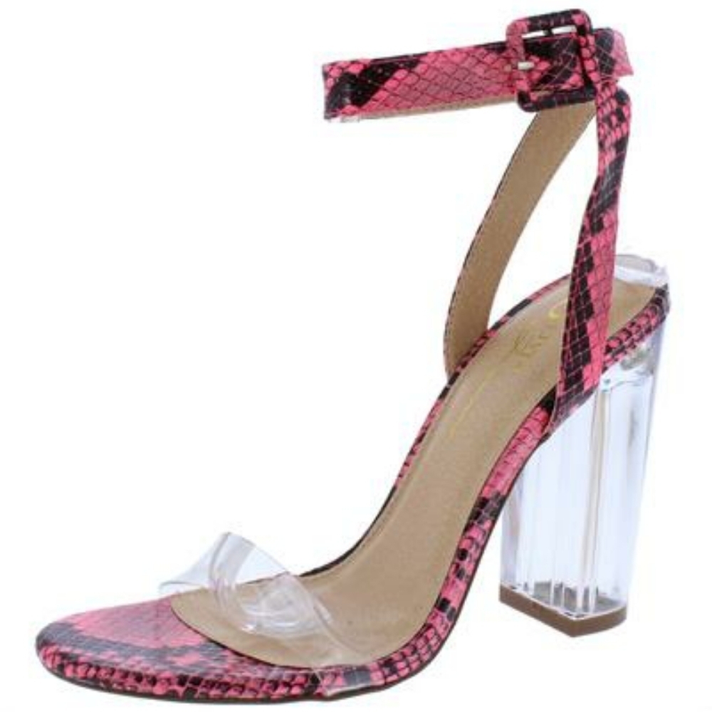 J. Elise Boutique Neon Pink Snake Print Open Toe Ankle Strap Clear Block Heel
